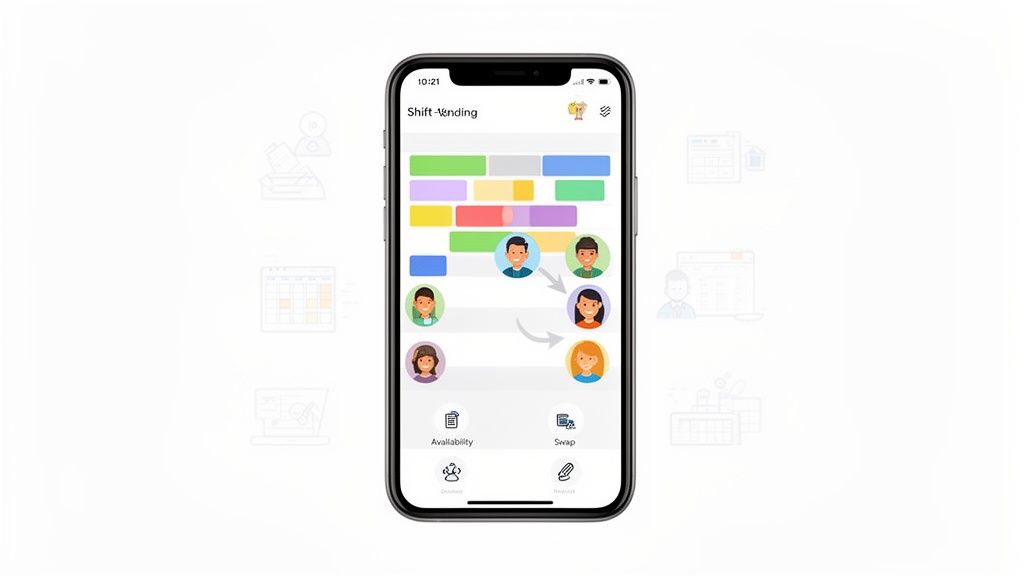 Smartphone-App für Schichtplanung zeigt Dienstpläne und Optionen zum Schichttausch zwischen Mitarbeitern an.
