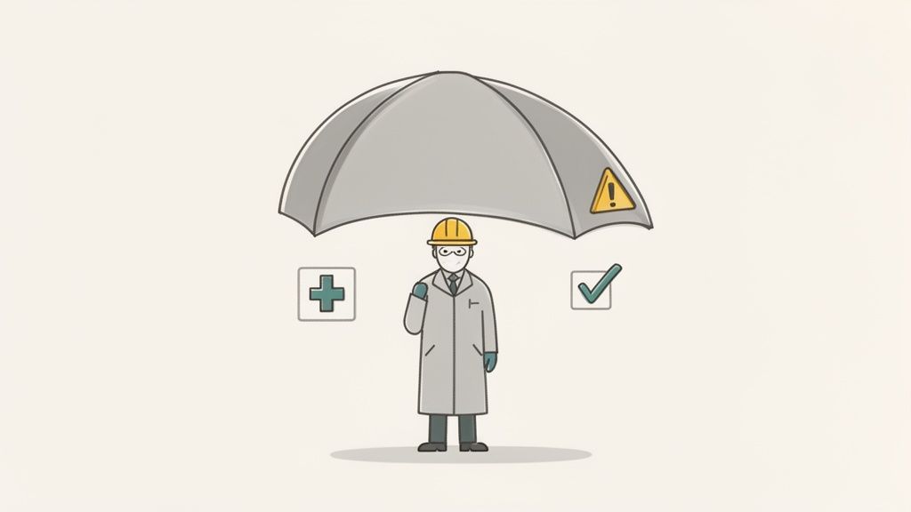 Arbeiter mit Schutzhelm unter Regenschirm, umgeben von Gesundheits- und Warnsymbolen, symbolisiert Arbeitssicherheit und Gesundheitsschutz.