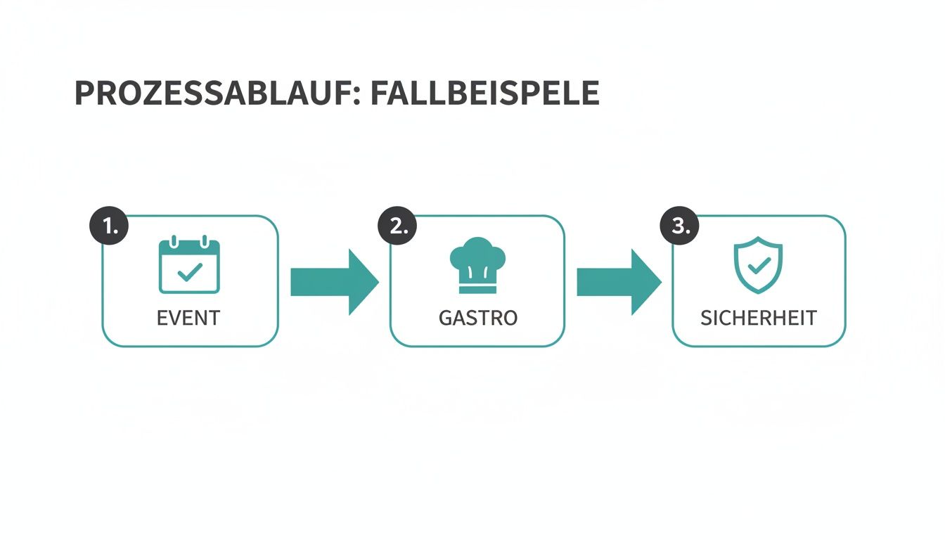 Flussdiagramm, das einen dreistufigen Prozess darstellt: Event, Gastro und Sicherheit, mit passenden Symbolen.