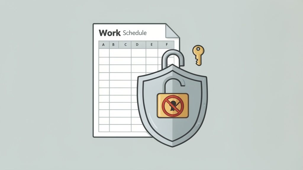 Illustration eines Arbeitszeitplans mit einem Sicherheitsschild, einem geöffneten Vorhängeschloss und einem Schlüssel, was Schutz symbolisiert.