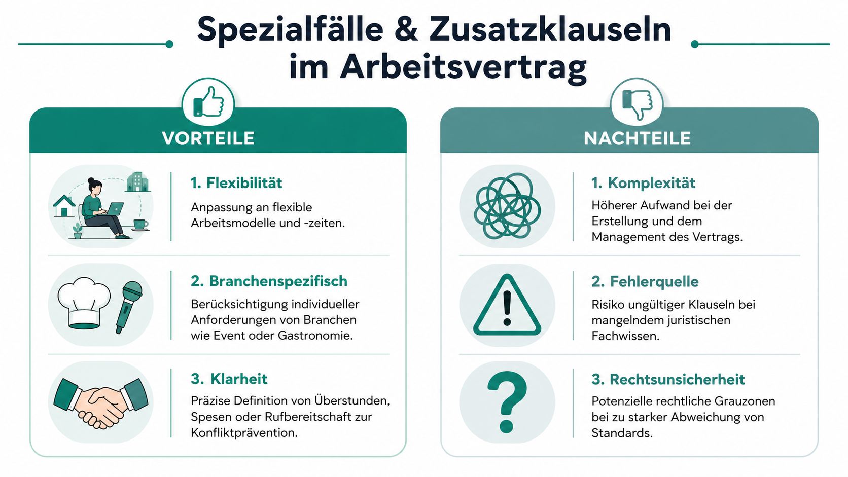 Eine Übersichtsgrafik mit den Vor- und Nachteilen von Spezialfällen und Zusatzklauseln im Arbeitsvertrag für Unternehmen.