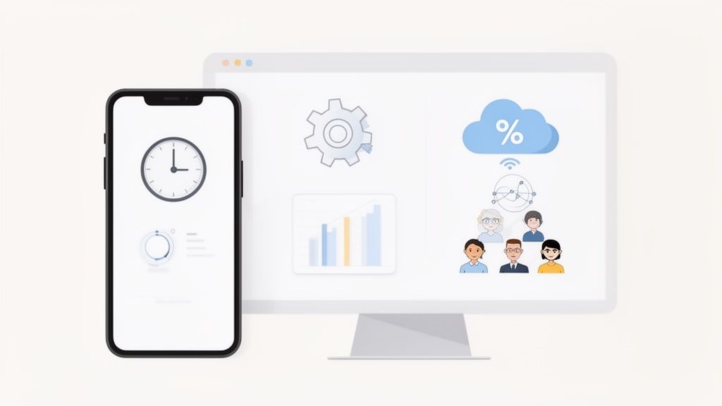 Smartphone mit Uhrzeit und Monitor mit Team, Cloud und Statistiken, symbolisiert Arbeitszeiterfassung und Kollaboration.