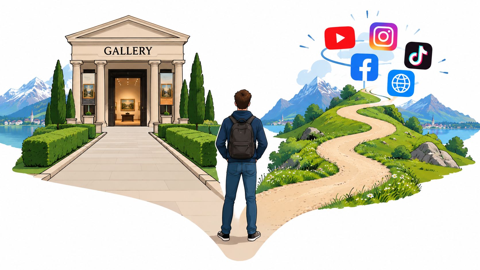 Ein junger Mann steht an einer Weggabelung zwischen einem traditionellen Kunstmuseum und moderner digitaler Social-Media-Welt.