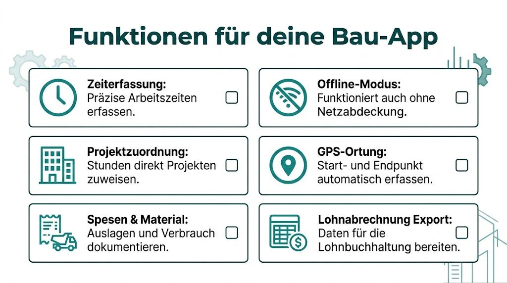 Eine Übersicht der wichtigsten Funktionen für eine Bau-App zur effizienten Zeiterfassung und Projektverwaltung im Baugewerbe.