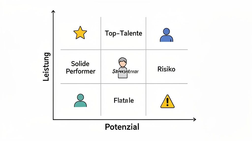 Eine 9-Feld-Matrix zur Mitarbeiterbeurteilung nach Leistung und Potenzial mit verschiedenen Talentkategorien.