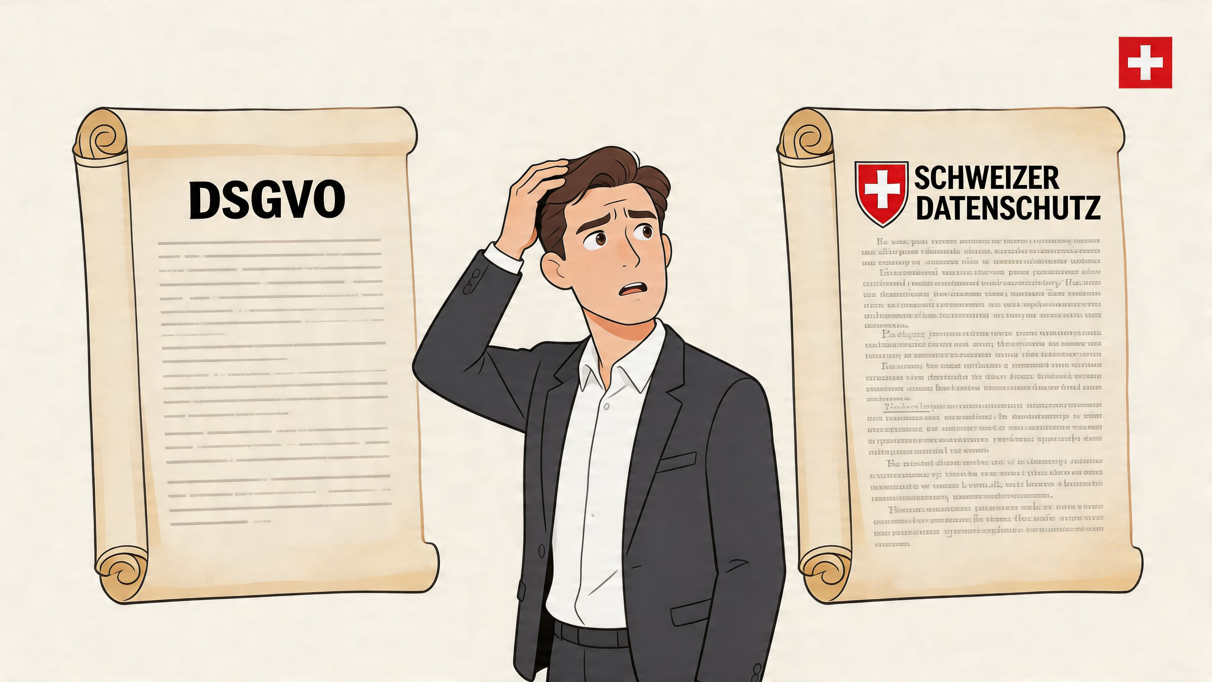 Ein verwirrter Geschäftsmann steht zwischen Dokumenten zur DSGVO und zum neuen Schweizer Datenschutzgesetz und wirkt unsicher.