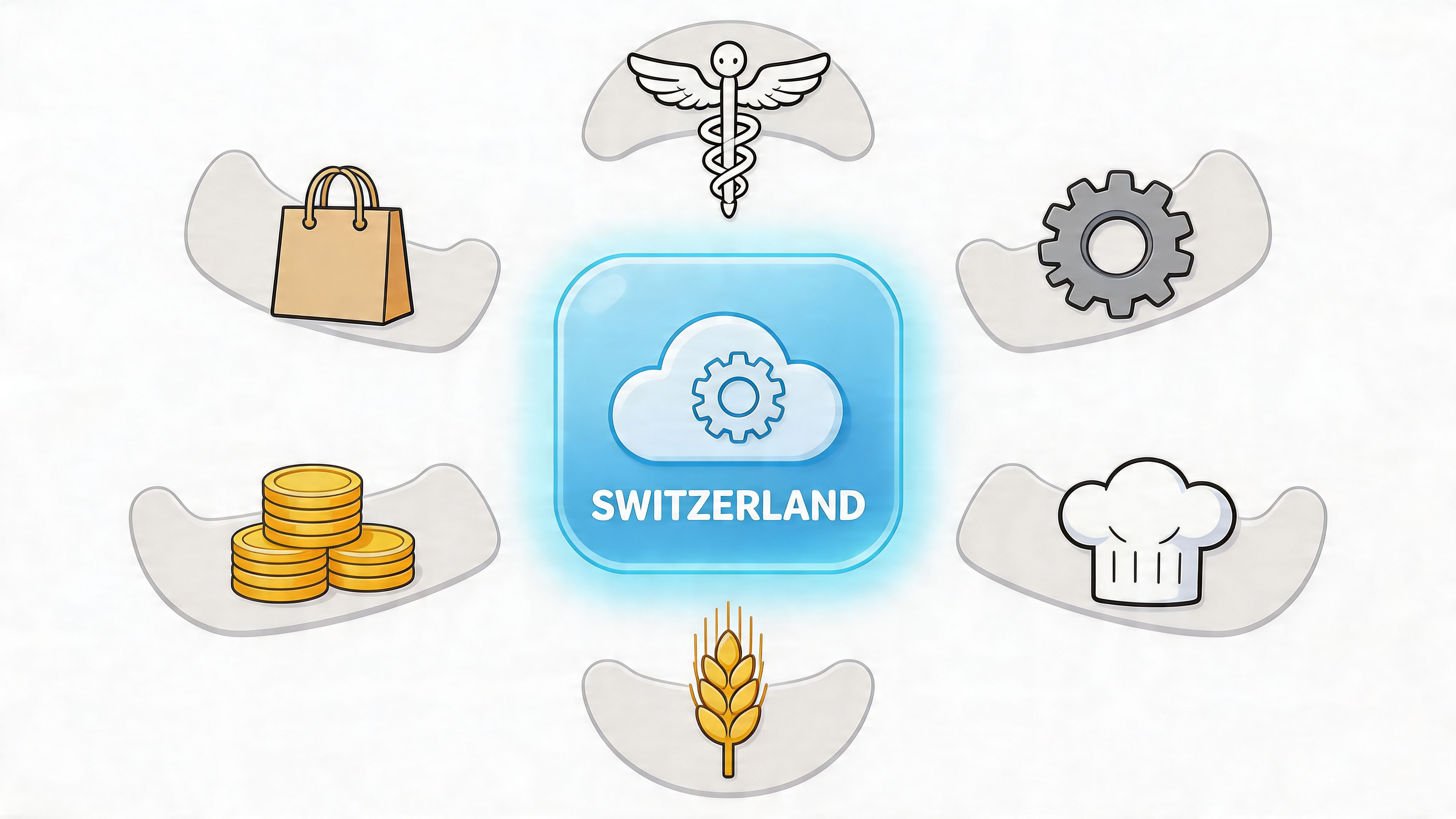 Ein blaues Icon in der Mitte zeigt eine Cloud mit Zahnrad, umgeben von Symbolen für verschiedene Branchen.