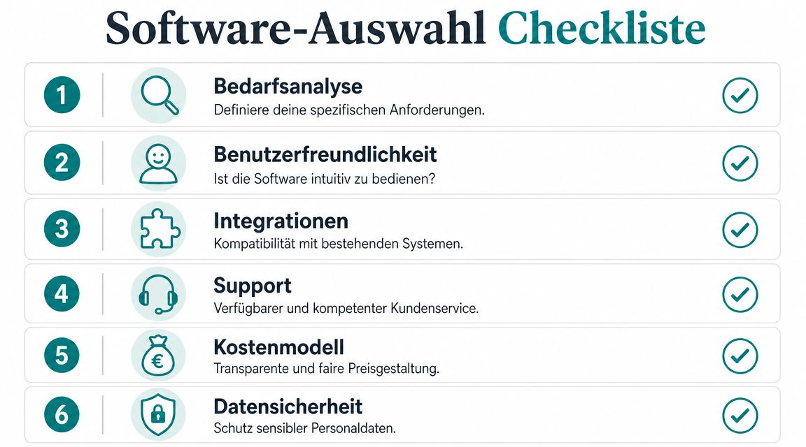 A checklist for software selection with six important criteria for companies, shown as a clear infographic.