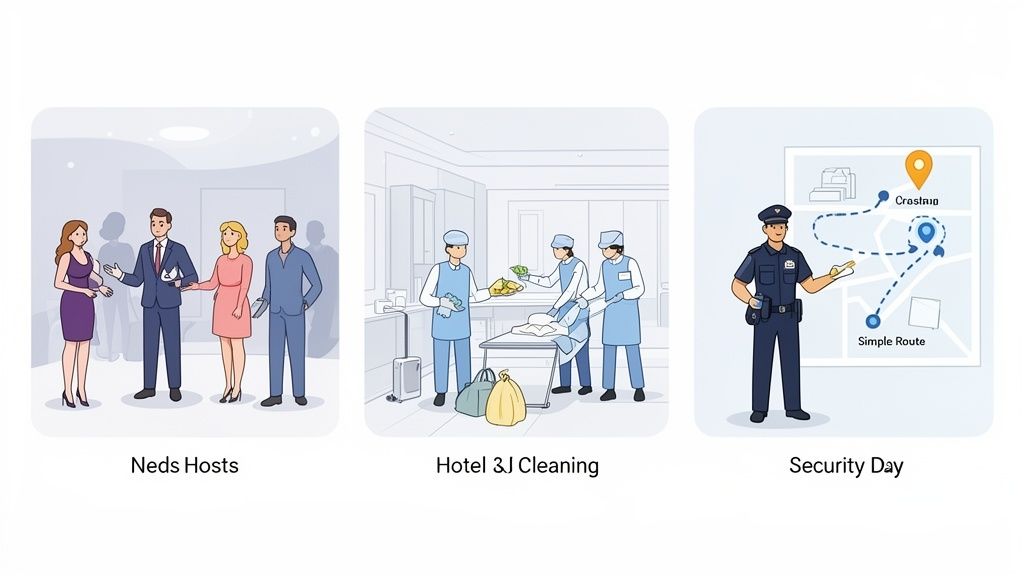 Illustrationen von Gastgebern, Hotelreinigern und einem Sicherheitsbeamten, die verschiedene Dienstleistungsberufe zeigen.