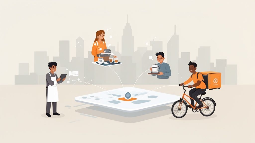 Illustration einer digitalen Plattform, die flexible Arbeit in der Gastronomie und Lieferbranche verbindet.