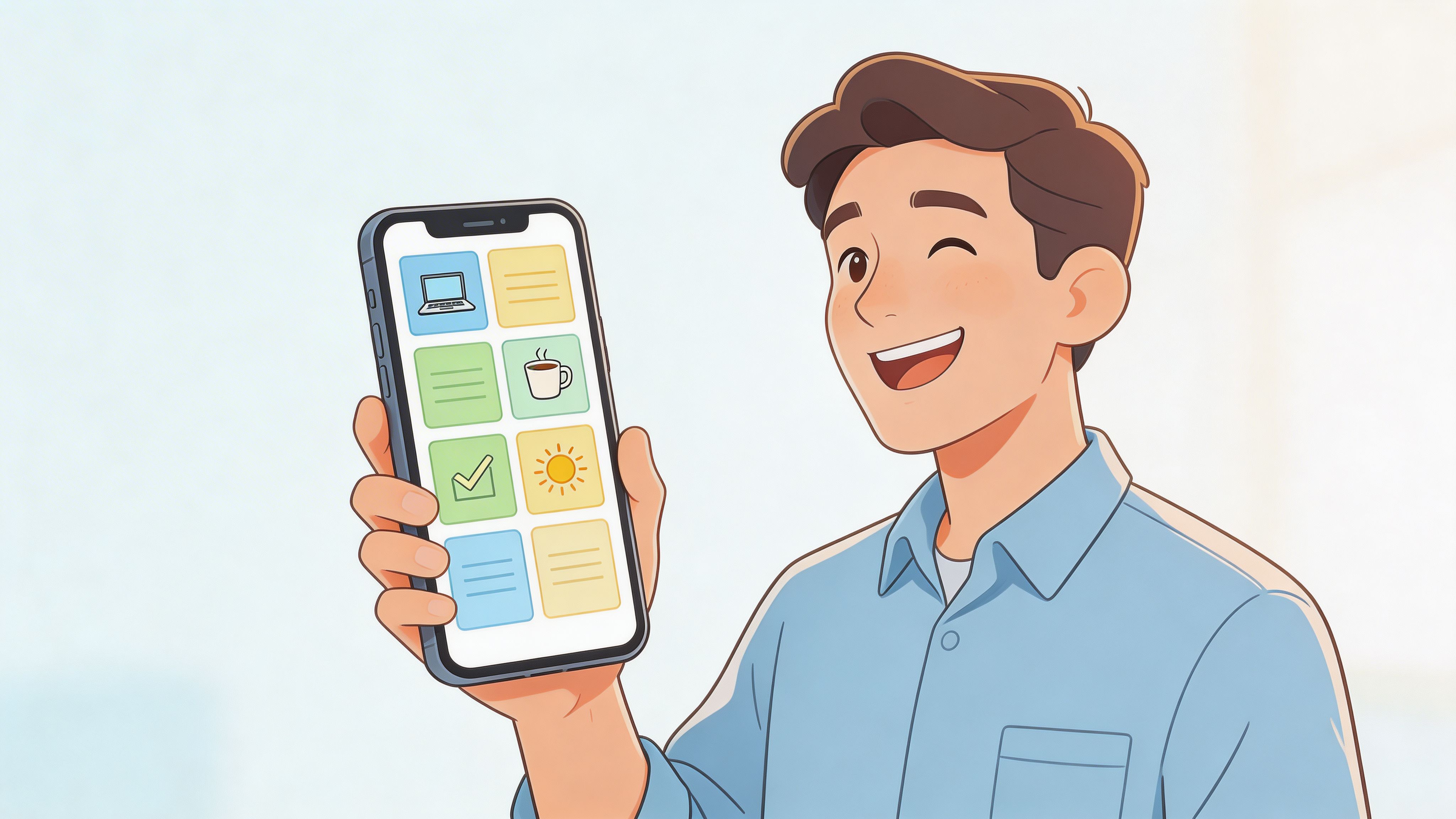 Ein glücklicher junger Mann präsentiert stolz eine Dienstplan-App auf seinem Smartphone mit verschiedenen grafischen Symbolen.