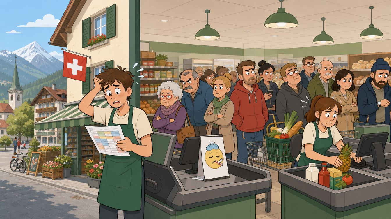 Ein überforderter junger Mitarbeiter starrt ratlos auf seinen Dienstplan in einem gut besuchten Schweizer Supermarkt.