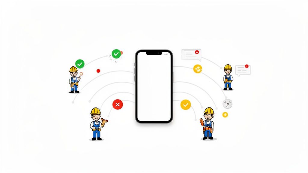 Zentrale Smartphone-App verbindet vier Bauarbeiter-Karikaturen mit Aufgaben- und Kommunikationssymbolen.