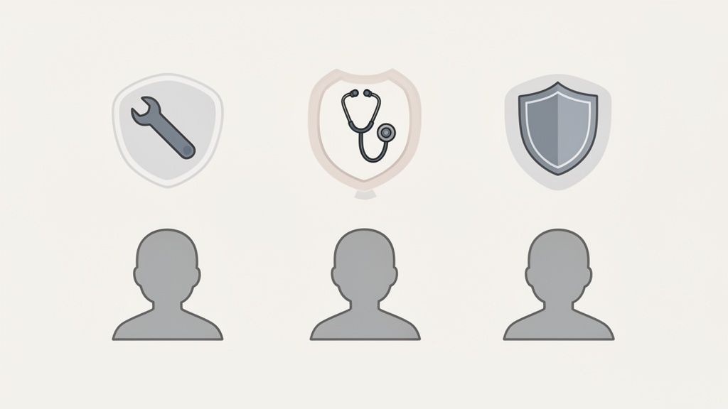 Drei Icons (Schraubenschlüssel, Stethoskop, Schild) über drei generischen Personen-Platzhaltern, die verschiedene Rollen darstellen.