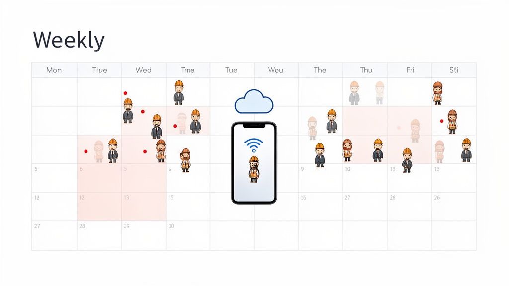 Ein Wochenkalender mit kleinen Mitarbeiter-Symbolen, der die digitale Dienstplanerstellung und Verfügbarkeitsprüfung darstellt.
