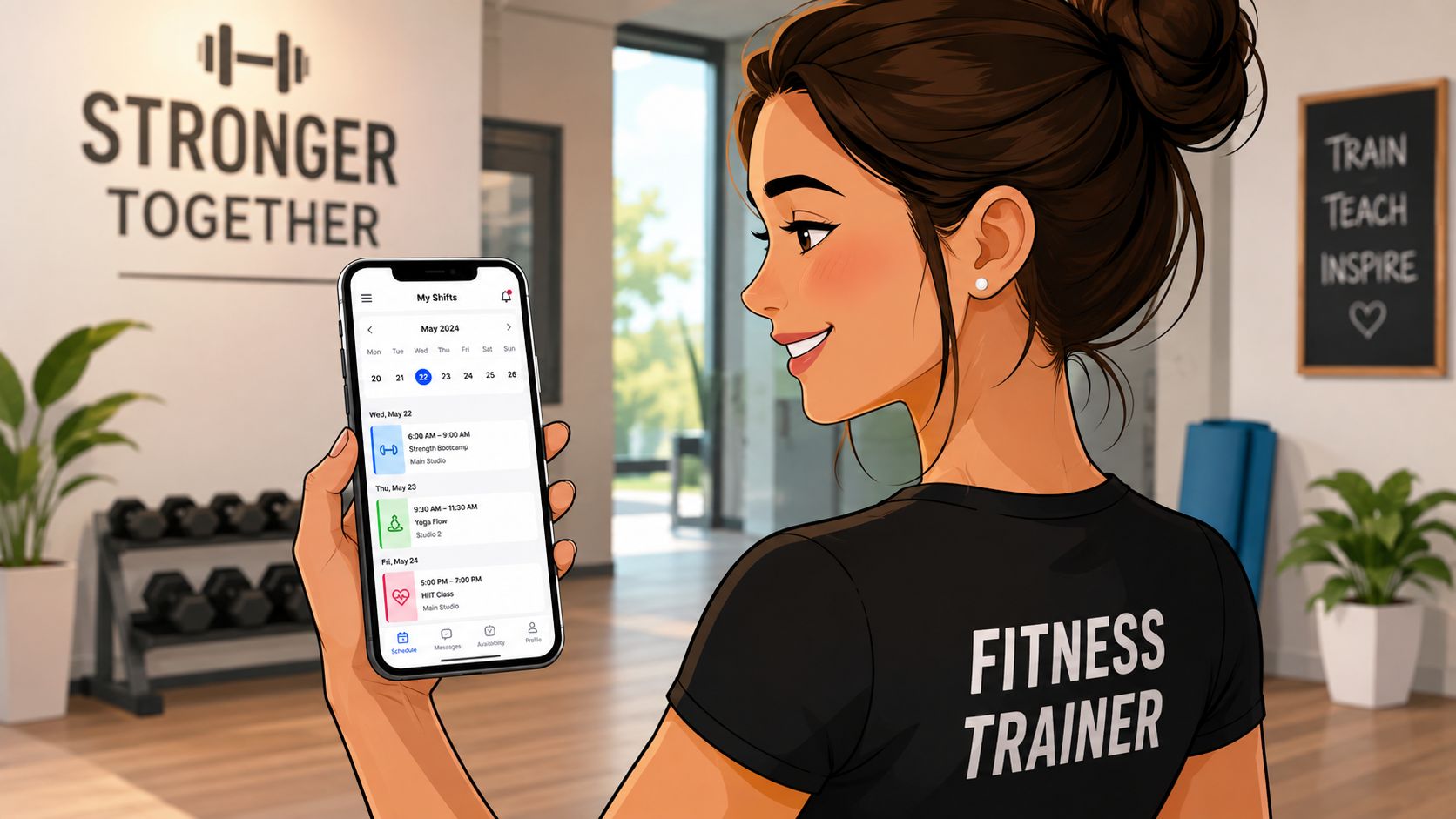A fitness trainer views the digital shift schedule of her fitness studio on a smartphone in a modern equipped training hall.