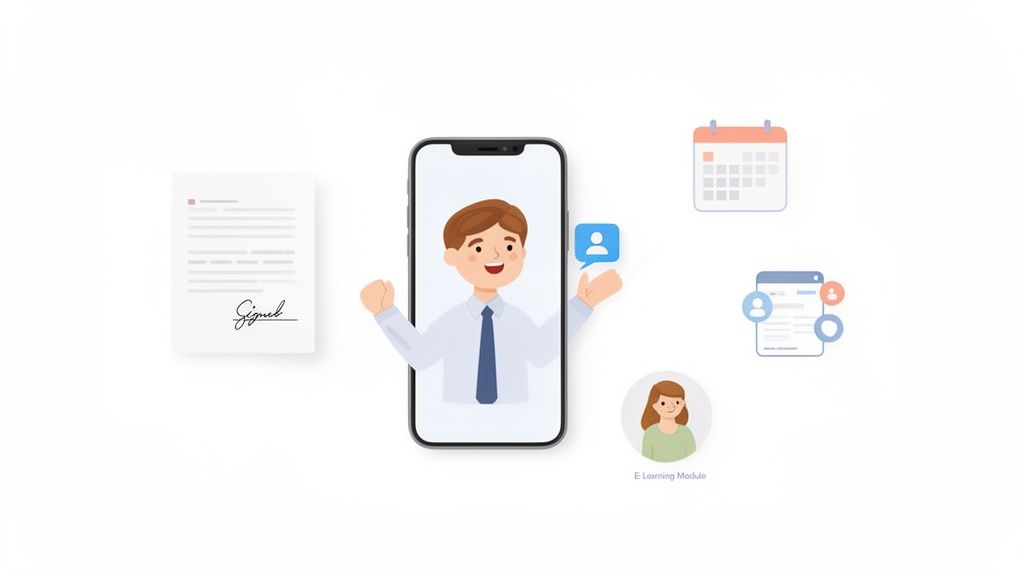 Eine Abbildung digitaler Prozesse mit Smartphone, signiertem Dokument, Kalender und E-Learning-Modul.