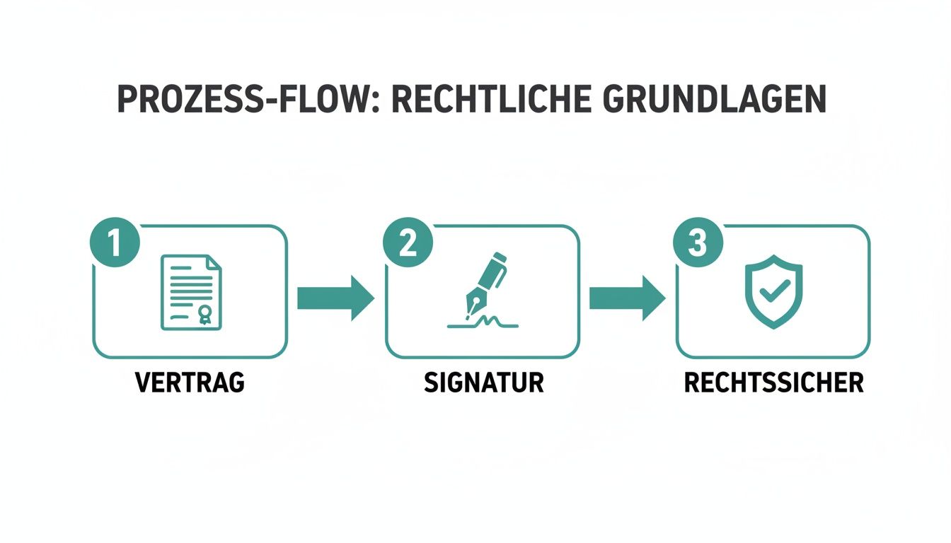 Ein Prozess-Flow zeigt drei Schritte: Vertrag, Signatur und rechtliche Absicherung, symbolisiert durch Dokument, Stift und Schutzschild.