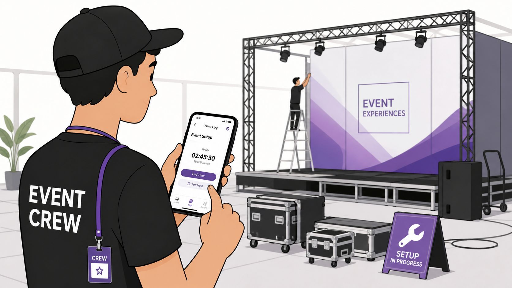 Ein Mitarbeiter des Event-Teams verwendet sein Smartphone für eine digitale Zeiterfassung während der Aufbauarbeiten auf einer Bühne.