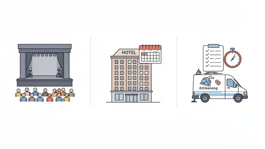 Illustration einer Bühne mit Publikum, eines Hotels mit Kalender und eines Reinigungsdienstwagens mit Checkliste und Stoppuhr.