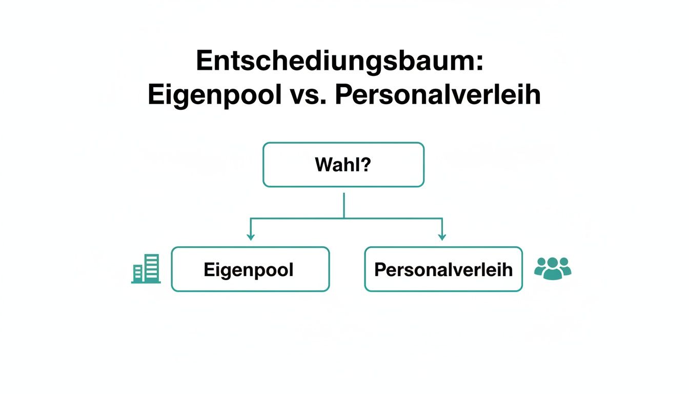 Entscheidungsbaum zur Wahl zwischen Eigenpool (interne Ressourcen) und Personalverleih (externe Mitarbeiter).
