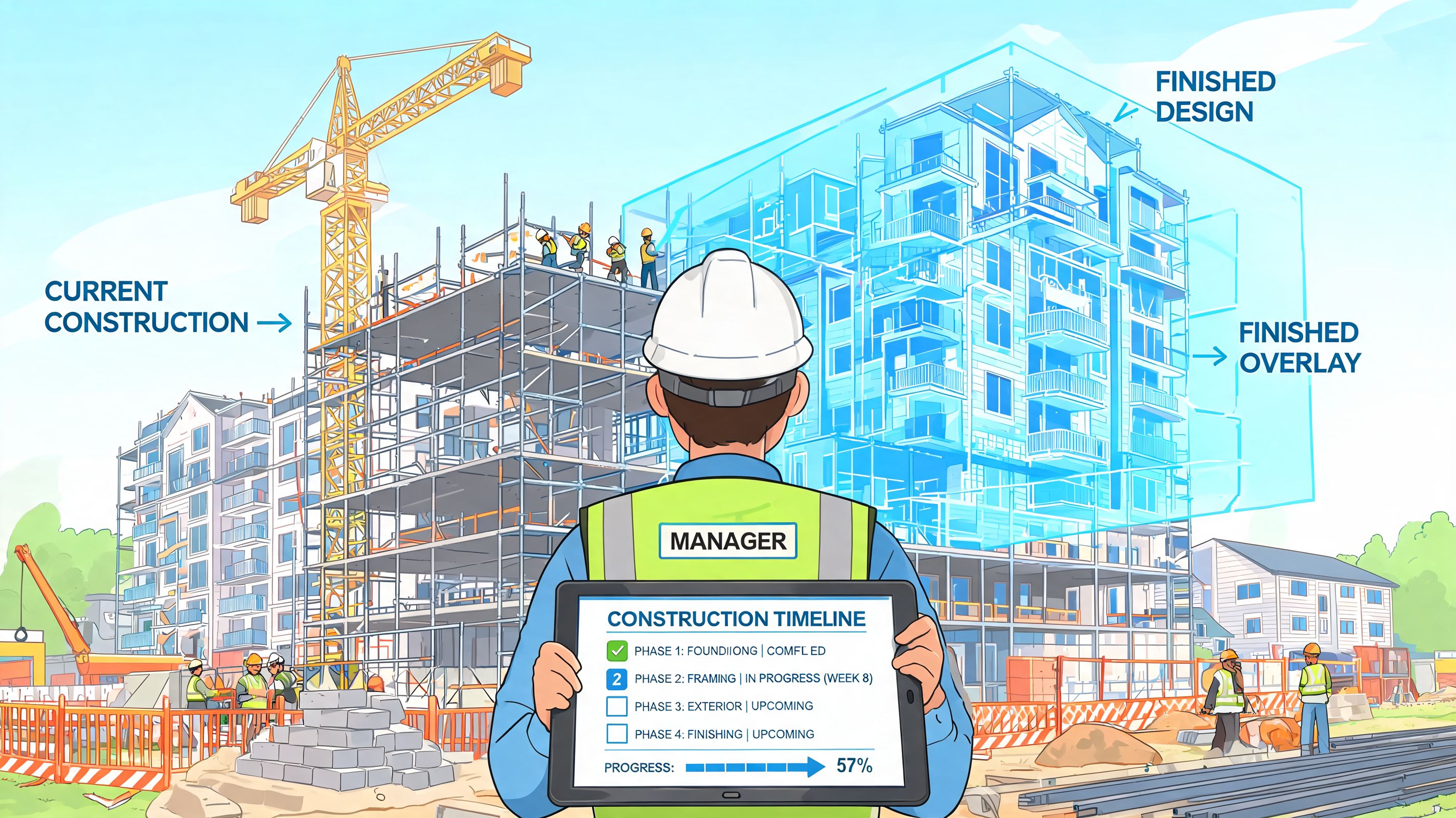 Ein Bauleiter hält ein Tablet mit Zeitplan vor einer Baustelle mit digitalem Gebäudeentwurf.