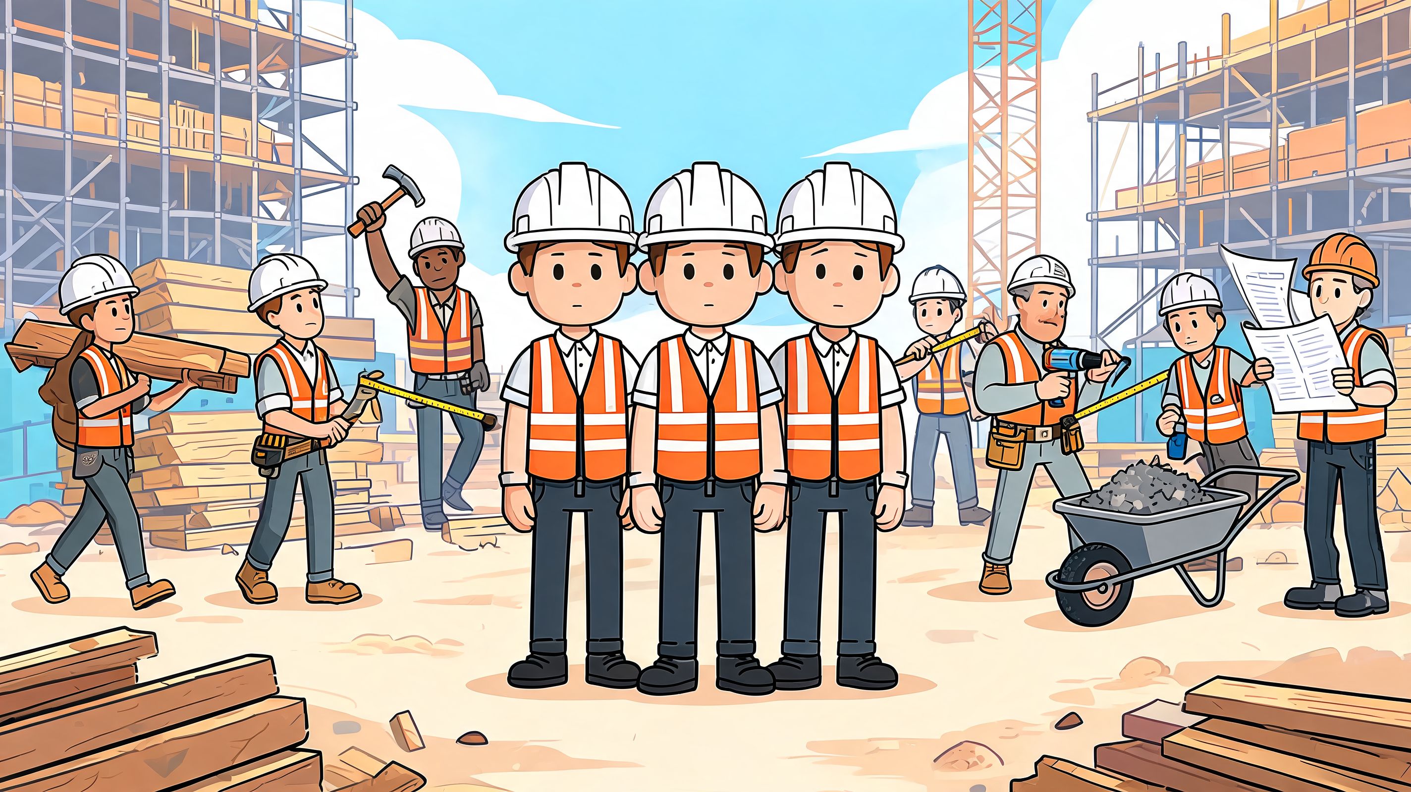 Ein Team von Bauarbeitern und Ingenieuren arbeitet gemeinsam auf einer aktiven Baustelle an einem Bauprojekt.