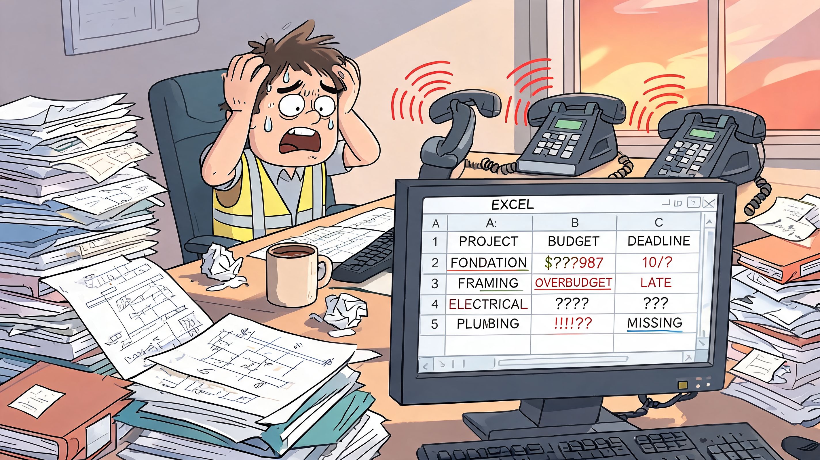 Ein gestresster Bauleiter sitzt an seinem Schreibtisch vor Bergen von Papierkram und klingelnden Telefonen im Büro.