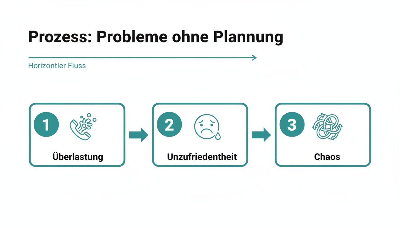 Ein Prozessflussdiagramm zeigt die Folgen fehlender Planung: Überlastung, Unzufriedenheit und Chaos.