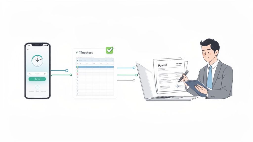 Digitaler Workflow: Zeiterfassung per Smartphone, elektronische Arbeitszeittabelle und Lohnabrechnung auf Laptop.
