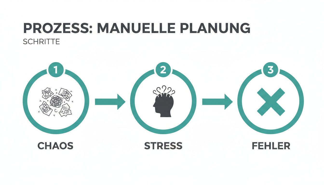 Infografik illustriert den Prozess manueller Planung: Chaos führt zu Stress und endet in Fehlern.