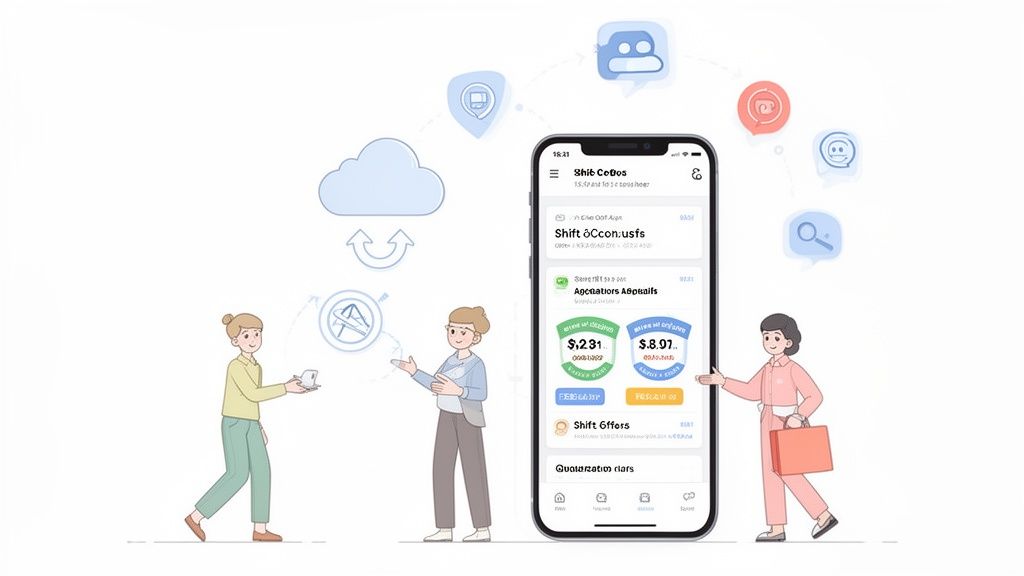 Illustration von Personen, die eine mobile App für digitale Einsatzplanung und Aufgabenmanagement nutzen, verbunden mit Cloud-Diensten.