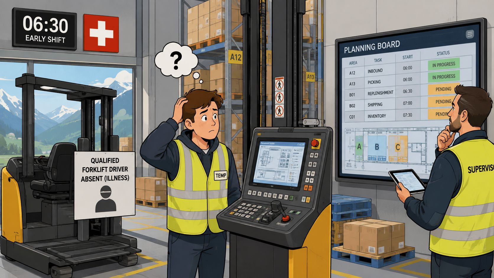 A puzzled temporary warehouse worker stands next to a forklift while a supervisor reviews digital workforce scheduling in the warehouse.