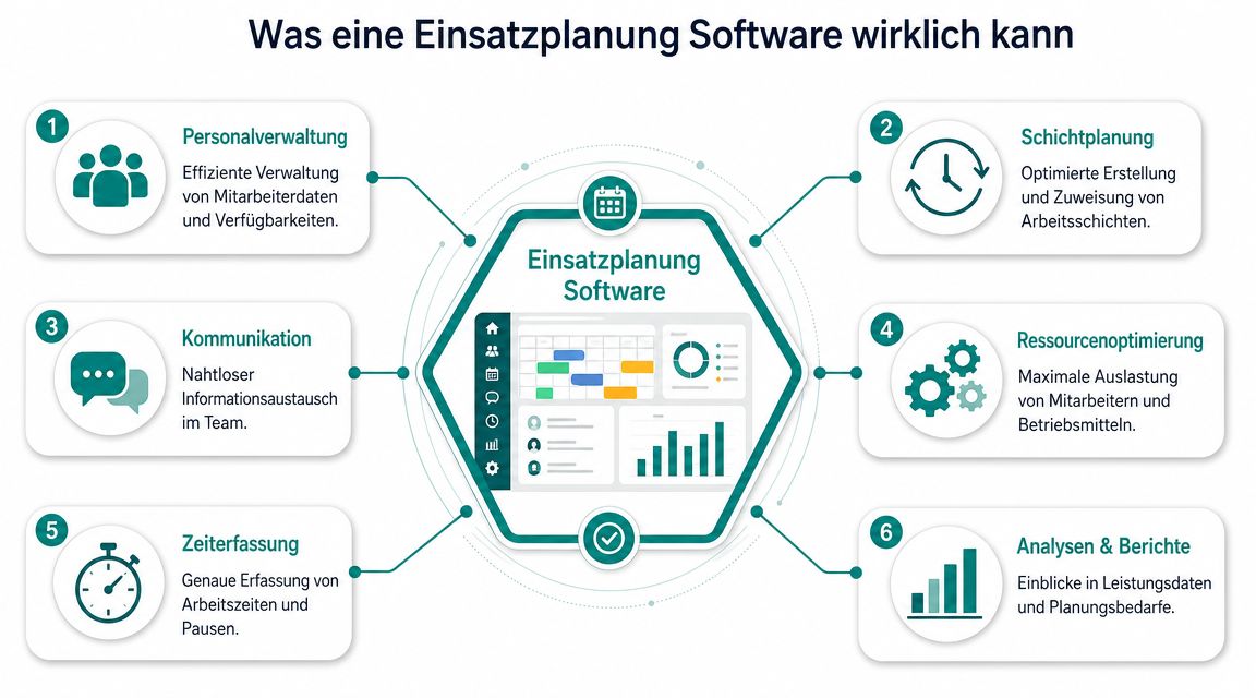 Eine Infografik über die sechs Hauptfunktionen einer modernen Softwarelösung zur effizienten betrieblichen Einsatzplanung und Personalverwaltung.