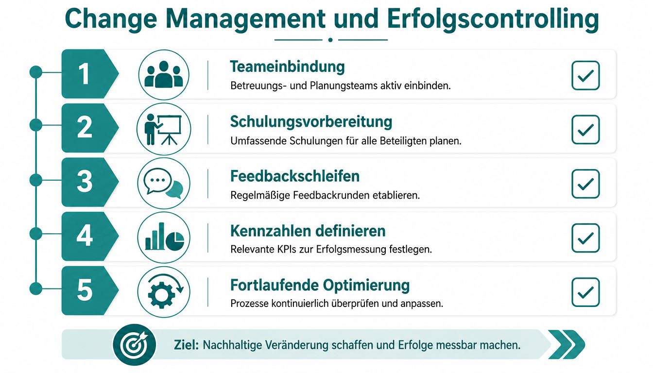Infografica su change management e controllo dei risultati con cinque passaggi per un cambiamento sostenibile e ottimizzazione misurabile dei processi aziendali.
