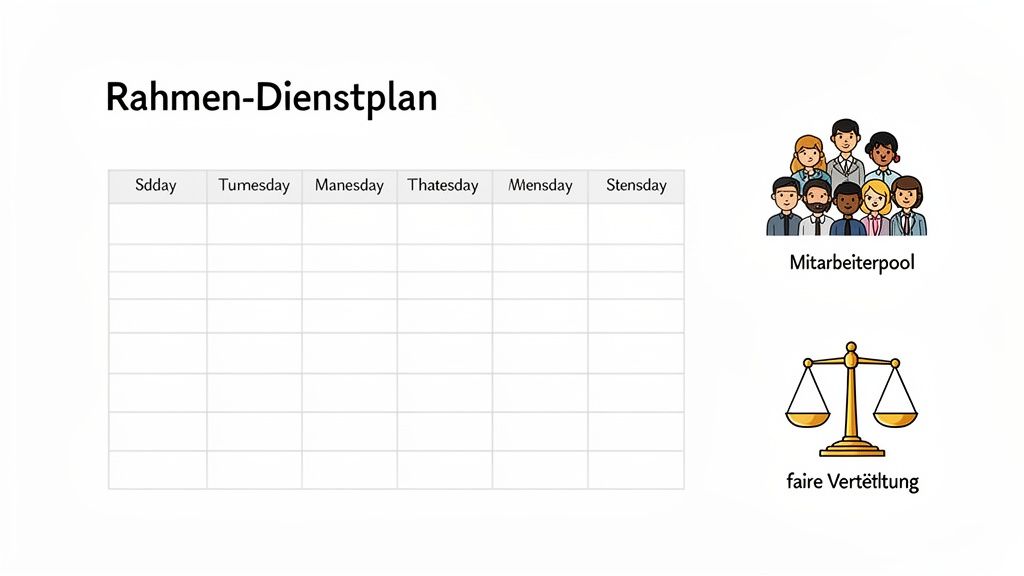 Ein Rahmen-Dienstplan mit einer Tabelle für Arbeitstage, einem Mitarbeiterpool und einer Waage für faire Verteilung.