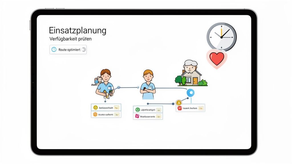 Tablet zeigt Einsatzplanung für Pflegekräfte mit Routenoptimierung und Verfügbarkeitsprüfung für effiziente Versorgung.