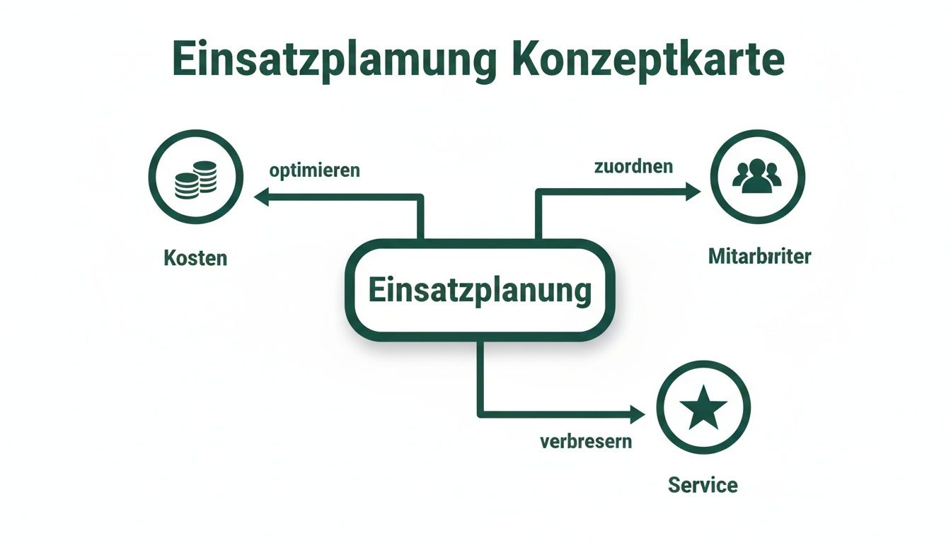 Konzeptkarte zur Einsatzplanung, die die Optimierung von Kosten, die Zuweisung von Mitarbeitern und die Verbesserung des Services darstellt.