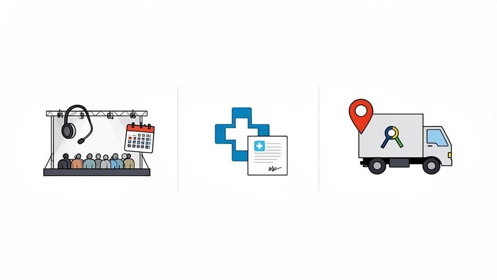 Drei Icons: Eventplanung mit Headset und Kalender, Gesundheitswesen mit Kreuz und Dokument, Logistik mit LKW und Standortnadel.