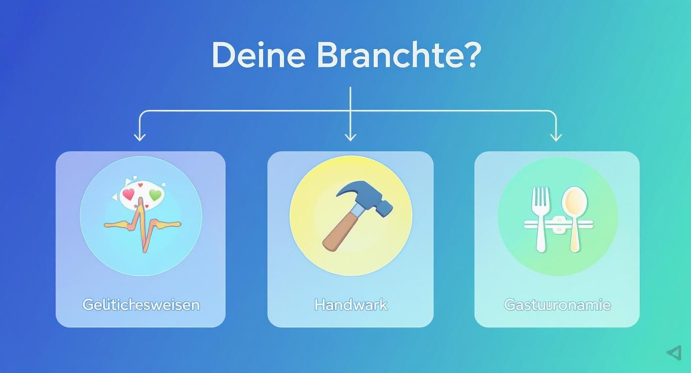 Ein Entscheidungsbaum, der den Nutzen von Einsatzplanungssoftware für die Branchen Gesundheitswesen, Handwerk und Gastronomie visualisiert.
