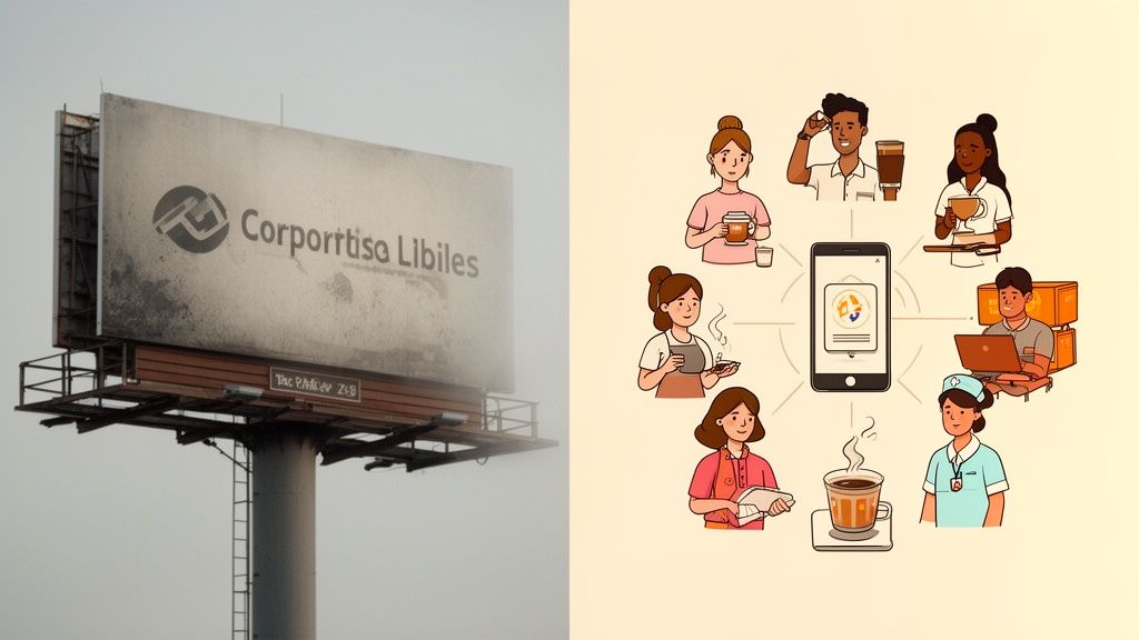 Ein verwittertes Werbeschild mit Logo und Text, daneben eine Illustration von über eine mobile App verbundenen Personen.