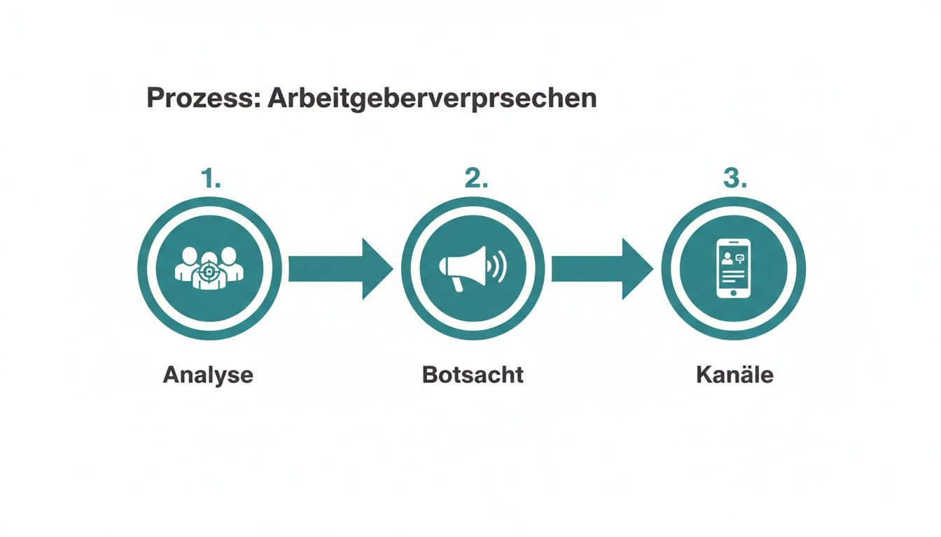 Infografik zeigt den dreistufigen Prozess des Arbeitgeberversprechens: Analyse, Botschaft und Kanäle.