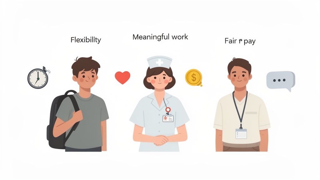 Drei Illustrationen: Flexibilität mit Rucksackträger, sinnvolle Arbeit mit Krankenschwester, faire Bezahlung mit Büromitarbeiter.