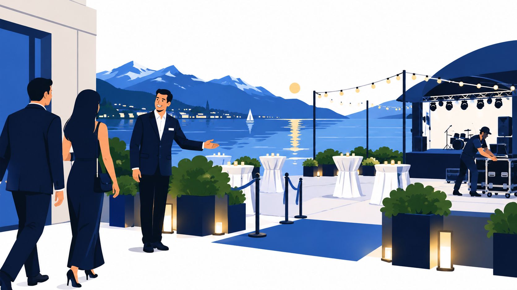 Ein eleganter Gastgeber empfängt Gäste vor einer exklusiven Event-Kulisse mit Bühne und Alpenblick am Seeufer.