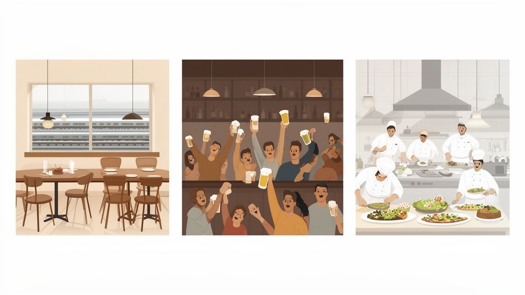 Illustration dreier Szenen: Restaurant, jubelnde Menschen in einer Bar und Köche in einer professionellen Küche.