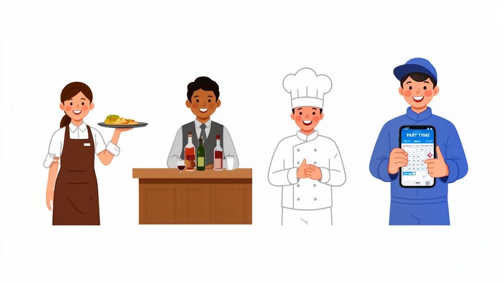 Vier lächelnde Mitarbeiter der Gastronomie: Kellnerin, Barkeeper, Koch und Zusteller mit Schichtplan auf dem Handy.