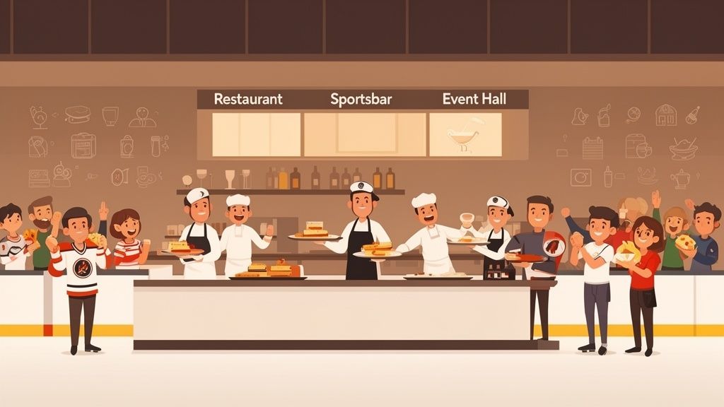 Köche servieren Essen und Getränke an fröhliche Gäste in einem Restaurant, einer Sportsbar und einem Veranstaltungssaal.