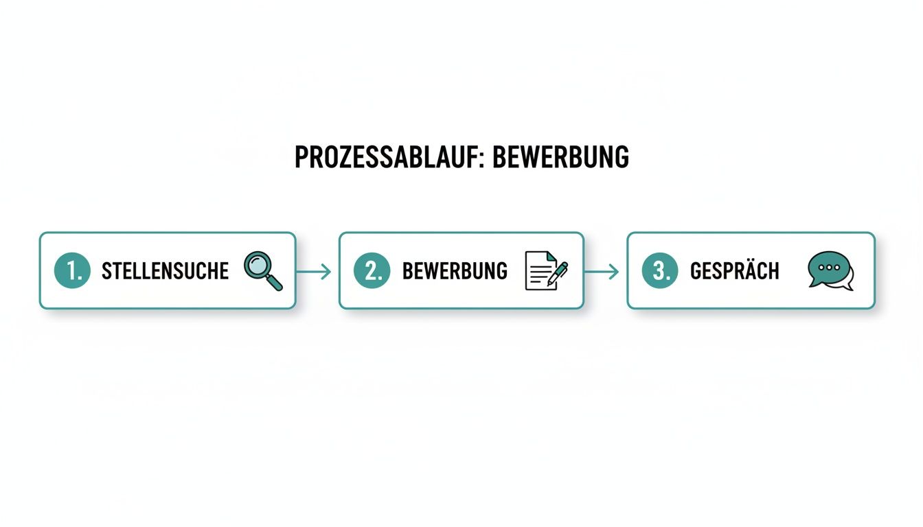 Infografik zum Bewerbungsprozess: Drei Schritte von der Stellensuche über die Bewerbung bis zum Gespräch werden dargestellt.