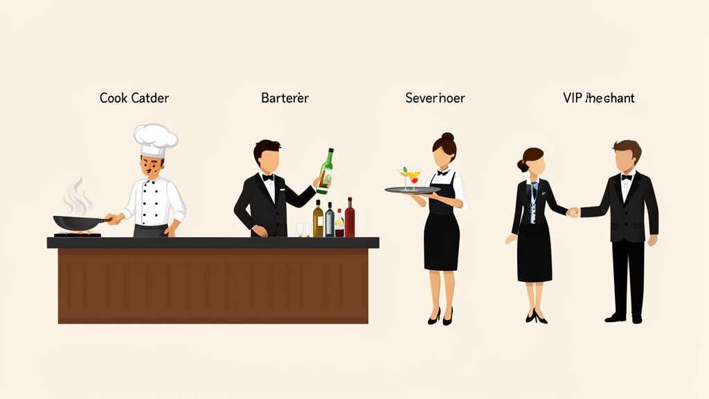 Illustration von Gastronomieberufen: Koch, Barkeeper, Kellnerin und VIP-Gäste in einem Restaurant.