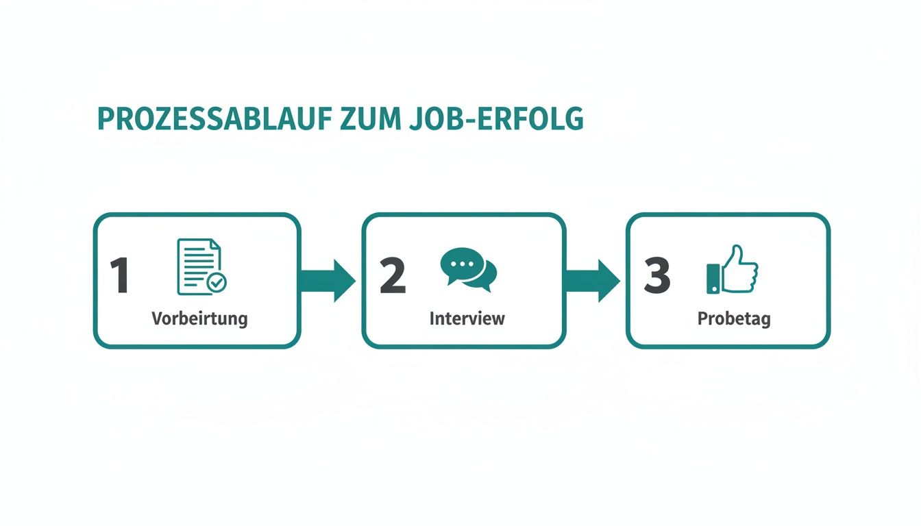Infografik: Prozessablauf zum Job-Erfolg in drei Schritten: Vorbereitung, Interview und Probetag mit passenden Symbolen.